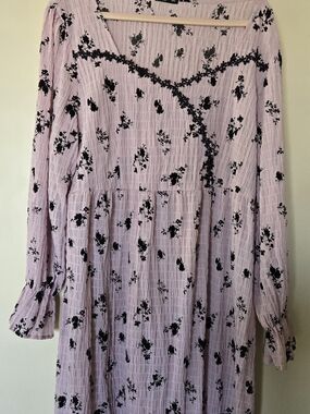 SHEIN Lilac and Black Floral Long Sleeve Smocked Midi Dress